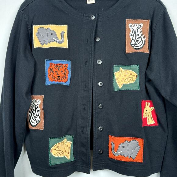 Vintage Bechamel Black Cardigan Teacher Sweater Animal Patches Petites Size PL - Picture 2 of 4